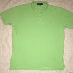 Light lime green collared polo dress shit wit pink horse